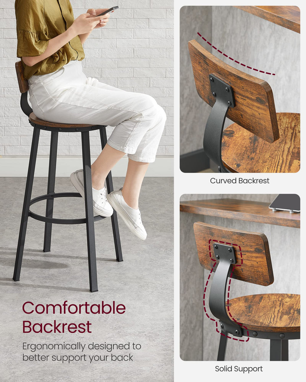 VASAGLE Bar Stools Set of 2, Bar Height Stools, 28.9 Inches Counter Barstools Chairs with Back for Dining Kitchen Island, Steel Frame, Industrial Style, Easy Assembly, Rustic Brown and Ink Black