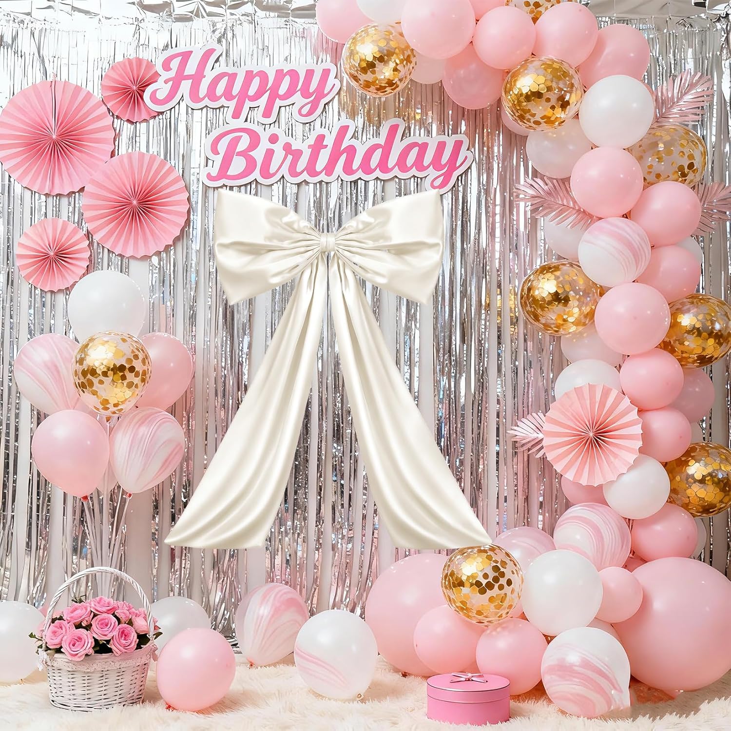 Skiennix Beige Large Bow Decor - Giant Ribbon Tie for Birthday Party & Wedding Backdrop | 24 x 36 Inches