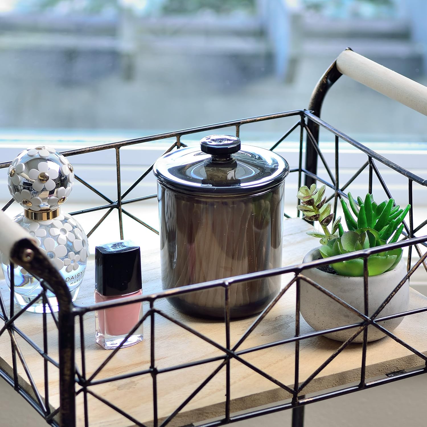 Youngever Apothecary Jars - Black Plastic Qtip & Cotton Swab Holder | Bathroom Vanity Organizer (2 Sets, 15 oz)