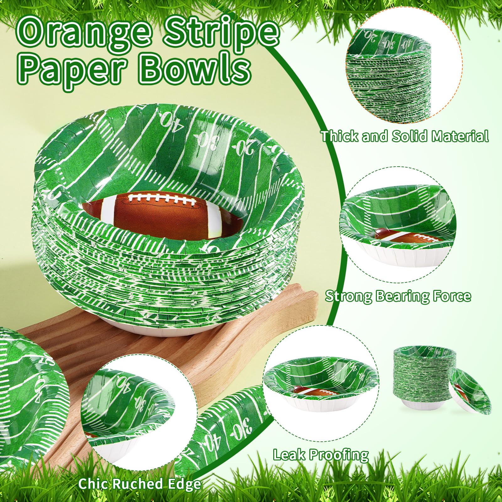 Grencian 100 Pcs 12 Oz Football Paper Bowls Football Party Supplies Heavy Duty Football Party Disposable Soup Bowls Football Dessert Bowls for Football Birthday Gameday Tailgate Party Decorations