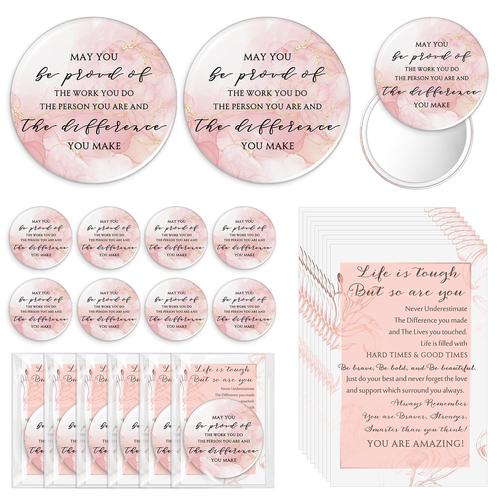 Cinnvoice 25 Sets Pink Mother's Day Mirror Gifts Inspirational Mini Compact Mirror Bulk for Women Small Round Pocket Makeup Gifts for Graduation Secretary Teacher Nurse (May You)