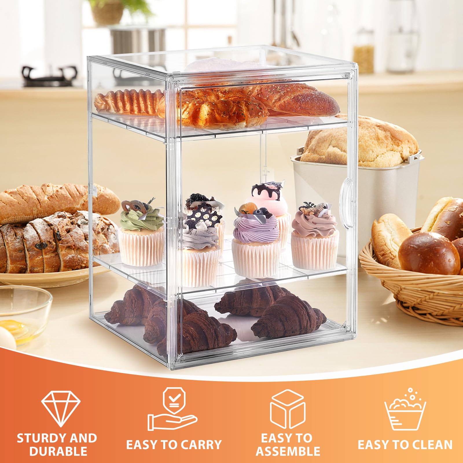 ToBeAce Pastry Display Case, Large Bread Box for Kitchen Countertop, 4 Layers Adjustable Bakery Display Case, Clear Breadbox for Baked Goods Cookie Dessert Cupcake Kitchen Counter, 2 Pack