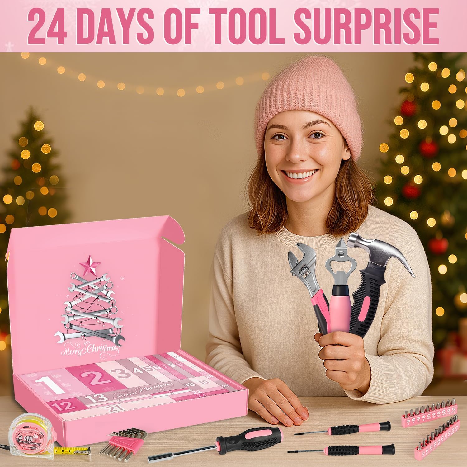 Skiennix Household Tool Advent Calendar - 24-Day Pink Countdown Kit for Women & Teens | Perfect Christmas Gift