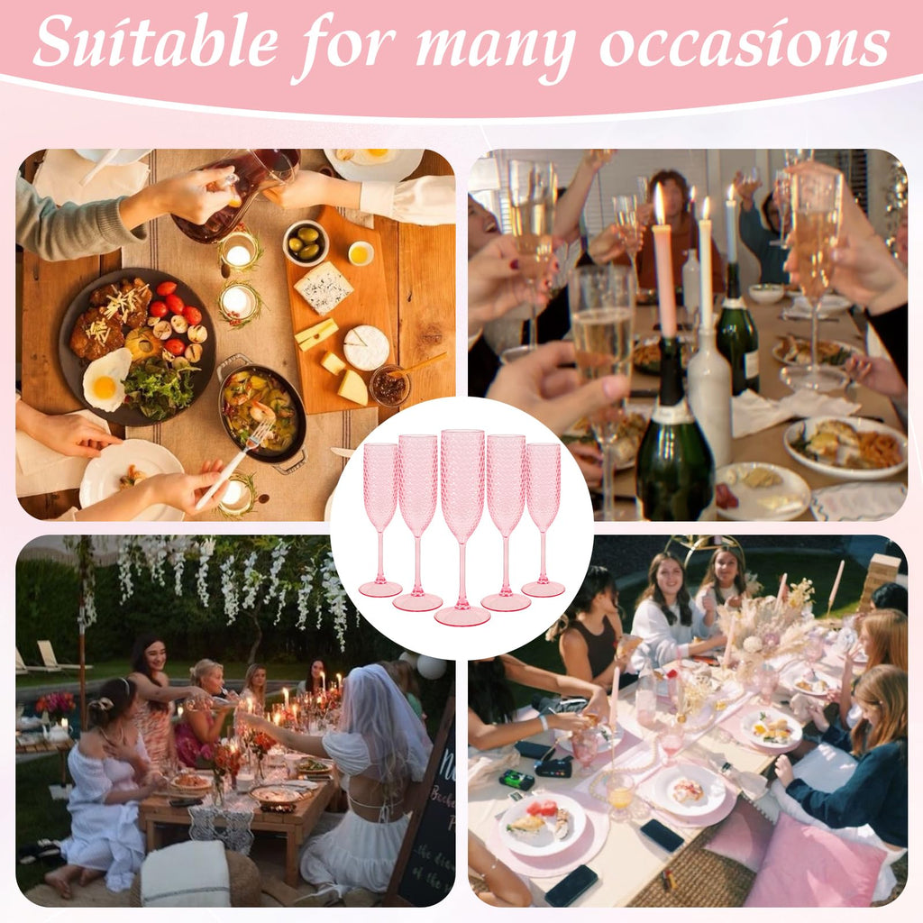 Pesonlook 48 Pack Plastic Champagne Glasses Pink Reusable Diamond Crystal Clear Wine Glasses Diamond Wine Cups Vintage Drinking Glasses for Wedding Reception, Grand Event Party Supplies