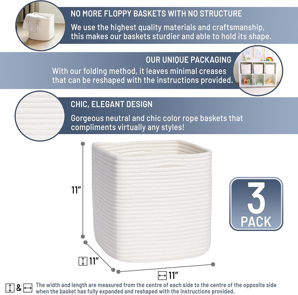 NaturalCozy Storage Cubes - 11 Inch Cotton Rope Baskets for Organizing | 3-Pack Square Storage Bins