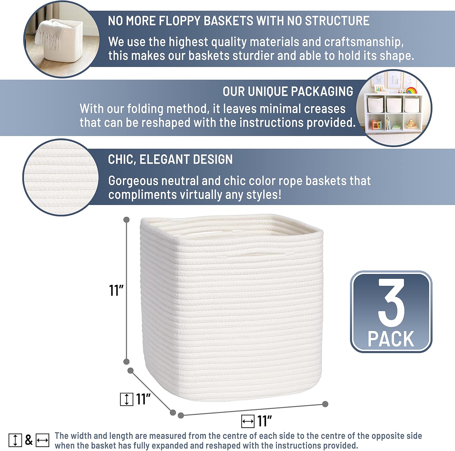 NaturalCozy Storage Cubes - 11 Inch Cotton Rope Baskets for Organizing | 3-Pack Square Storage Bins