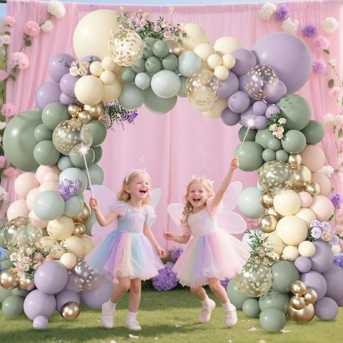 Amandir 173Pcs Dusty Green Purple Pink Balloon Arch Garland Kit, Lavender Pastel Blush Pink Yellow Mist Green Gold Confetti Balloons for Baby Shower Wedding Tea Wildflower Birthday Party Decorations