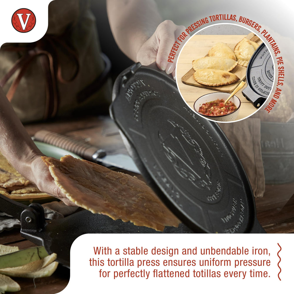 Victoria 10-Inch Cast Iron Tortilla Press HD Spherrous, Commercial-Grade Cast Iron Tortilla Maker, Roti Press, Pataconera Seasoned with Flaxseed Oil, Made in Colombia, Black