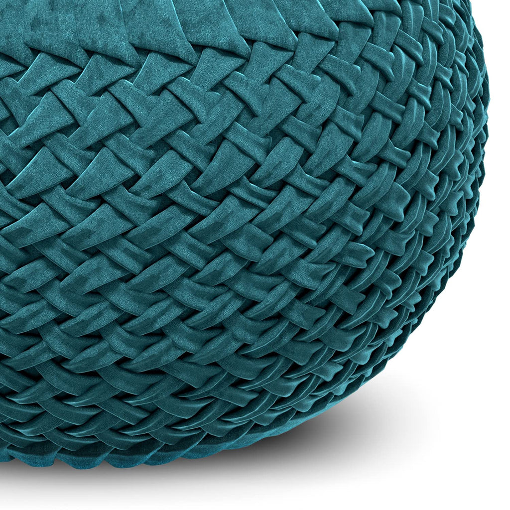 SIMPLIHOME Grafton Round Pouf - 20 inch Wide Upholstered Velvet Ottoman in Teal, Transitional Button-Tufted Footstool or Extra Seating for Living Room or Bedroom with Polystyrene Filling, Assembled