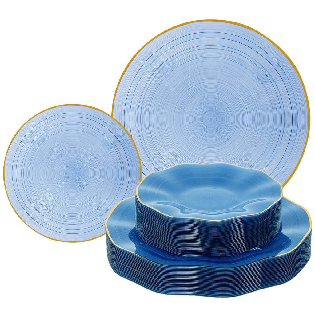 Pryntono 120PCS Blue Plastic Plates with Gold Rim, Heavy Duty Disposable Plates, Elegant and Fancy 60 Dinner and 60 Dessert Plates for Party and Wedding