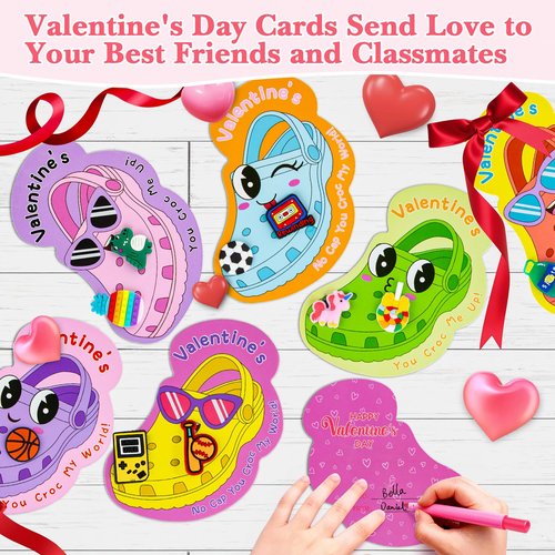 Valentines Day Cards for Kids School, 30 Pack Valentines Cards with 65 Shoe Charms Decor Bulk for Students Classroom Treats, Class Valentines Day Gifts for Kids Boys Girls Exchange Party Favors Prizes