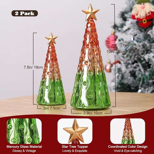 Lewondr Glass Christmas Trees - 2 PCS Tabletop Mercury Trees with Built-In Lights | Green & Gold Decor