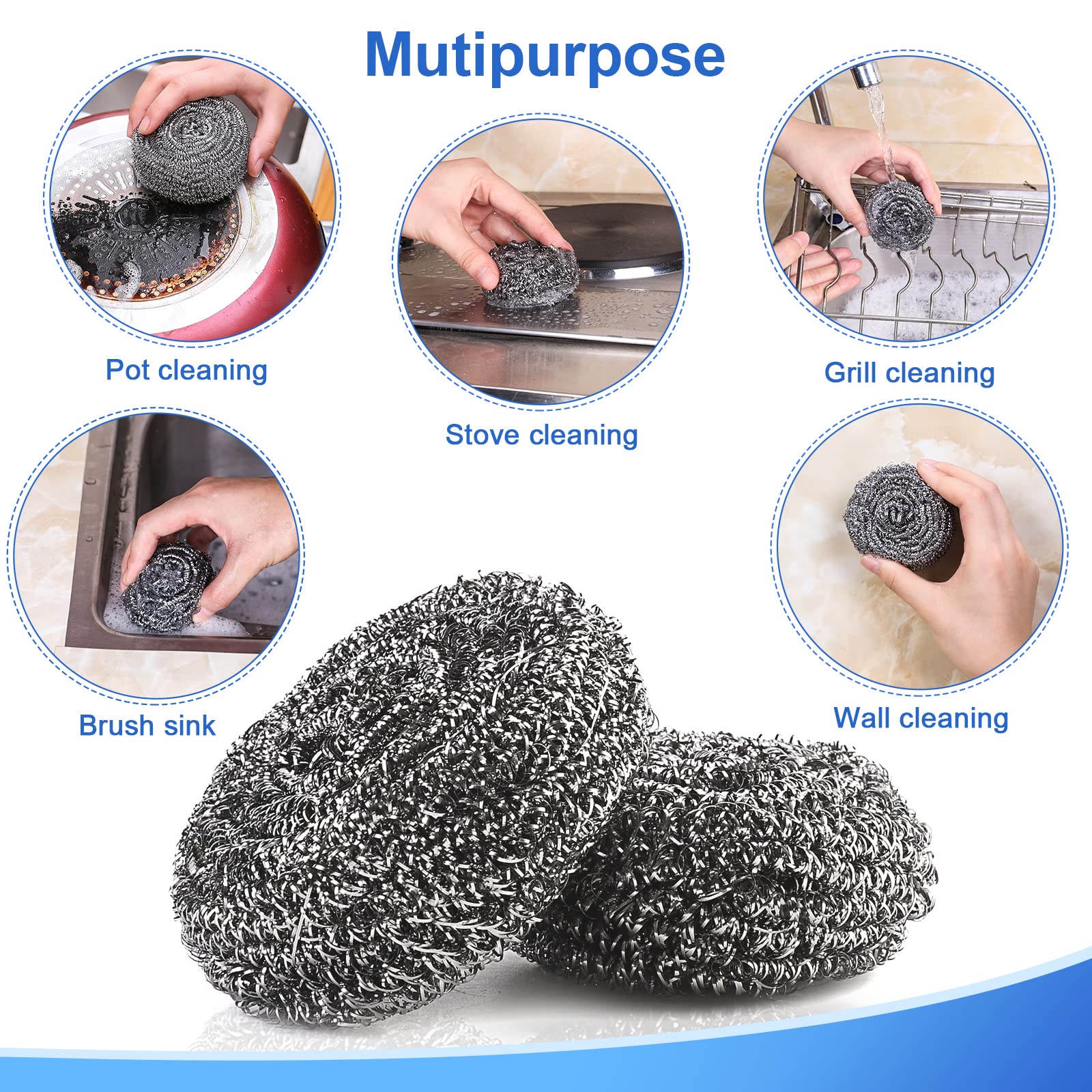 ovwo 12Pack Upgraded Steel Wool Scrubbers - Premium Stainless Steel Scrubber, Metal Scouring Pads, Steel Wool Pads, Kitchen Cleaner, Heavy Duty Cleaning Supplies - Especially for Tough Cleaning