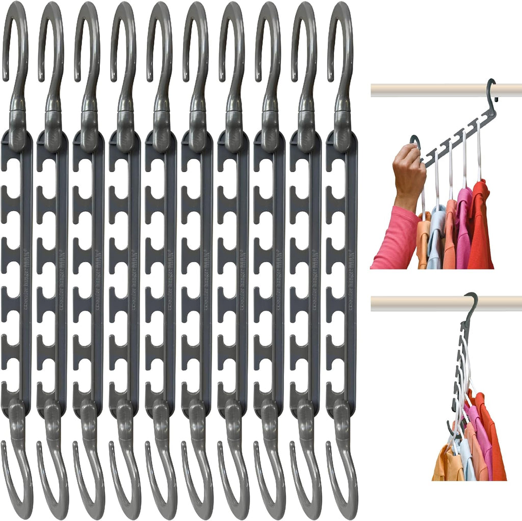 Wonder Hanger Max Space-Saving Hangers - 10-Pack with 360° Swivel Hooks | Ideal for Dorms & Closets - Grey