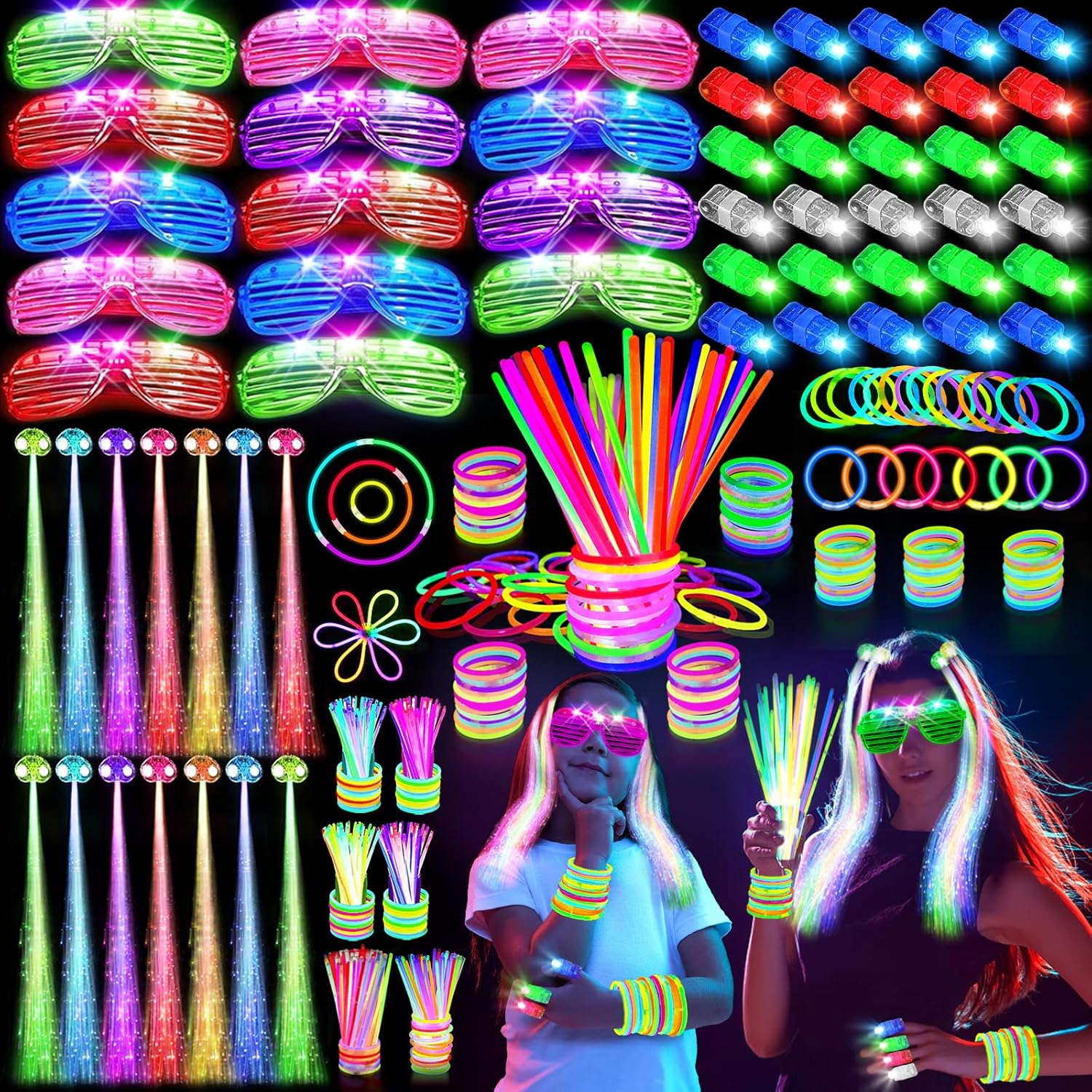 SHQDD Glow in the Dark Party Supplies - 158 PCS Set with LED Glasses, Finger Lights & Glow Sticks