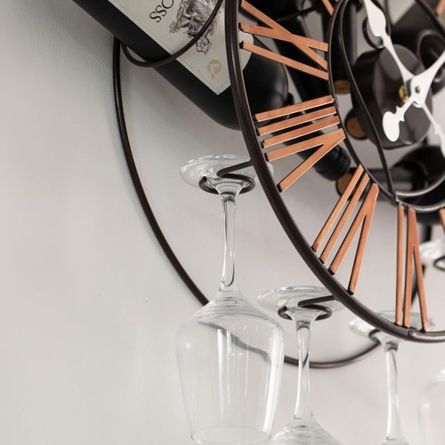 Vintiquewise Wall-Mounted Clock Design Wine Holder with Stemware Rack - Unique Shelf for Champagne, White & Red Wine Organizer with 4 Glass Holders, Wine Bottle Display for Home, Kitchen and Bar Decor