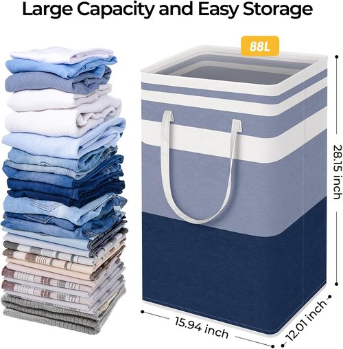 HomeHacks Large Waterproof Laundry Basket - Collapsible Freestanding Hamper with Extended Handles | 88L, Blue