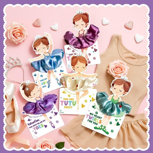 Valentines Day Cards for Kids School - 24 Pack Dance Valentines Cards with Hair Scrunchies, Ballet Valentine for Class Party Favors, Girls Valentine Gifts for Daycare Preschool Classroom Exchange