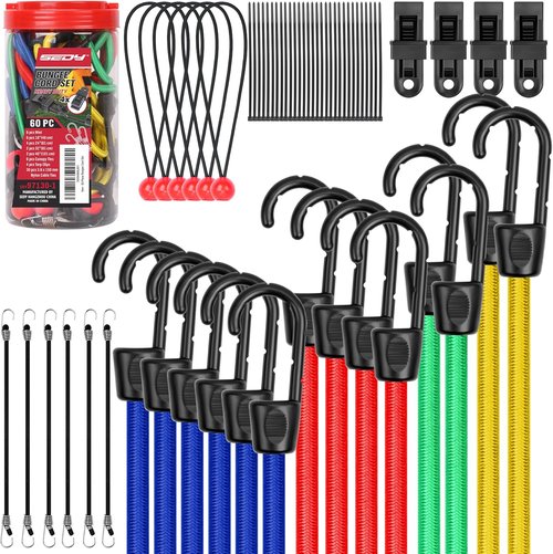 Bungee Pro 60-Piece Assorted Bungee Cords Set - Heavy Duty Elastic Tarp Ties in 10" to 40" Sizes