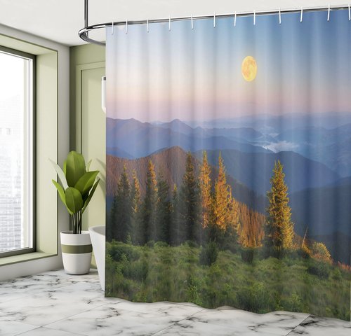 Ambesonne Nature Shower Curtain, Mountain Moon on Sky Pine Tree Hills Rural Heaven Country Picture, Cloth Fabric Bathroom Decor Set with Hooks, 69" W x 70" L, Slate Blue Fern Green
