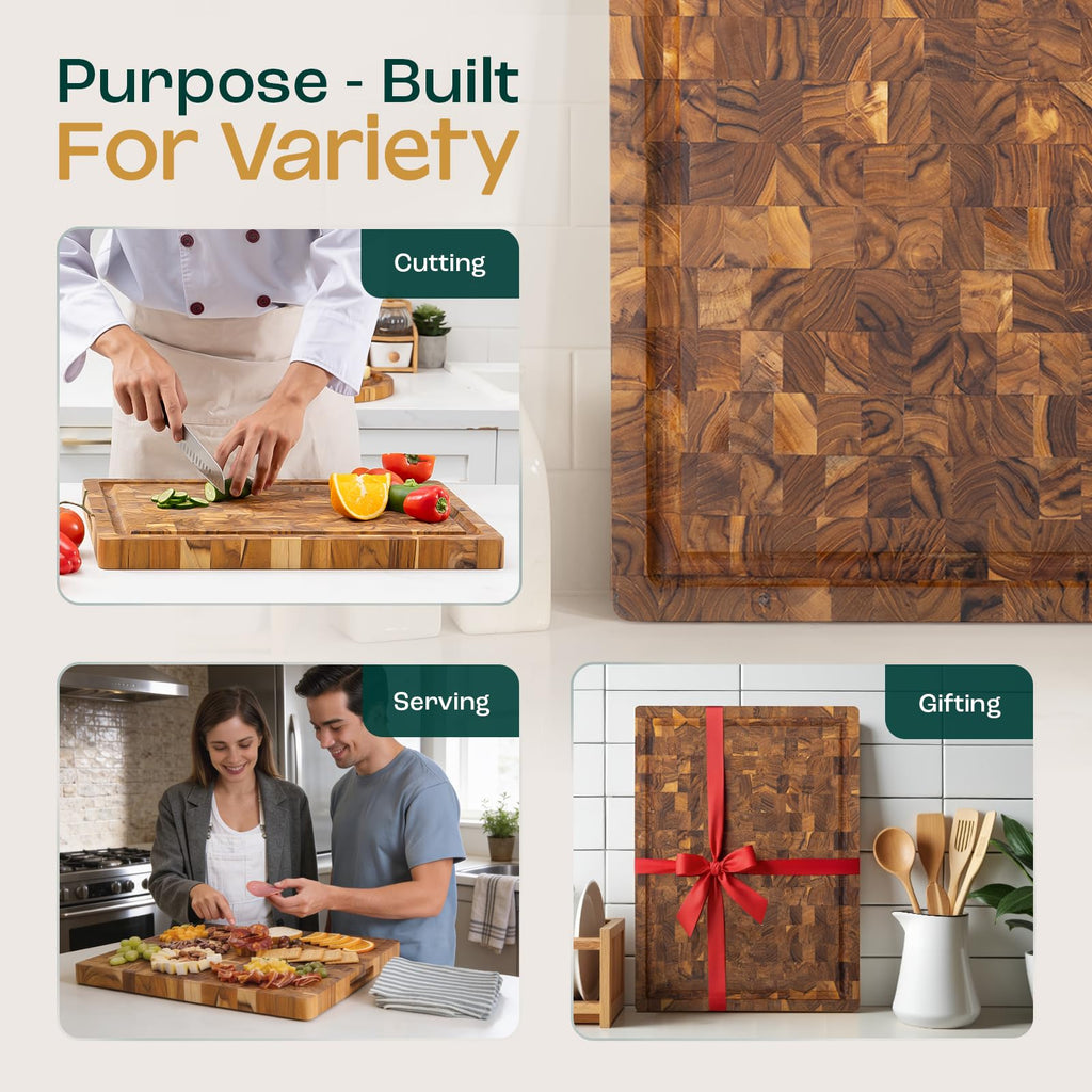 Yes4All Durable Teak Cutting Boards for Kitchen, [24''Lx18''Wx1.5” Thick] Extra Large End Grain Cutting Board, Pre Oiled Wood Cutting Boards, Thick Chopping Board w/Juice Grooves and Easy Grip Handle