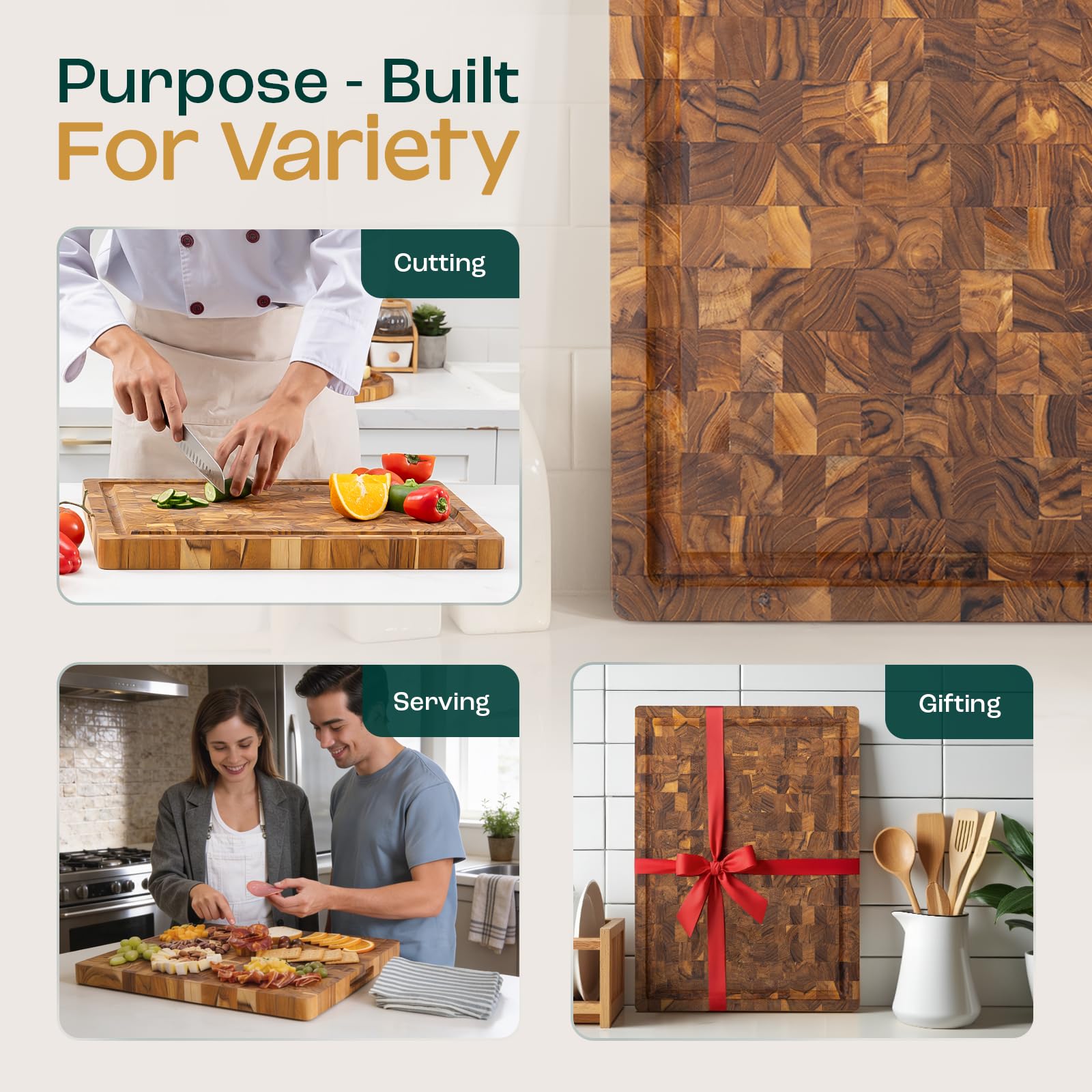 Yes4All Durable Teak Cutting Boards for Kitchen, [24''Lx18''Wx1.5” Thick] Extra Large End Grain Cutting Board, Pre Oiled Wood Cutting Boards, Thick Chopping Board w/Juice Grooves and Easy Grip Handle