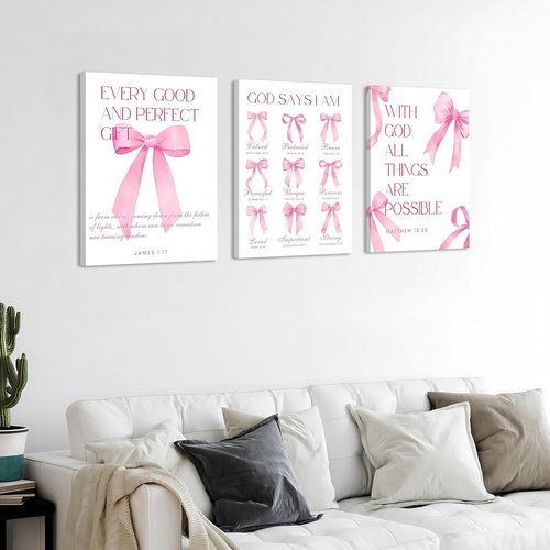 Coquette | Pink Bow Wall Art Decor - Inspirational Bible Verses Canvas Posters | 12x16 Inch Set of 3 for Teen Girls