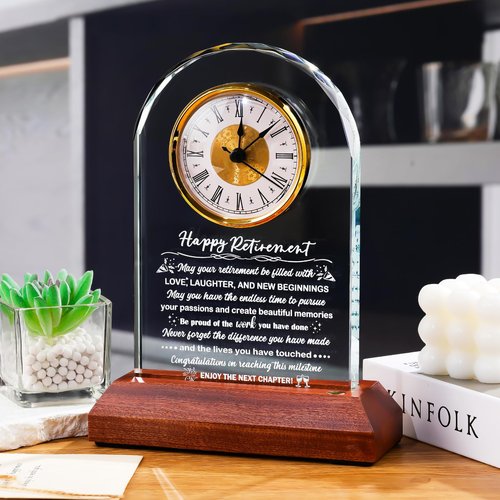Glass Retirement Clock With Wooden Light Base - Happy Retirement Plaque for Women Men Colleagues Boss Friend - Farewell Gift Idea for Her Going Away - Retired Keepsakes for Teacher Doctor