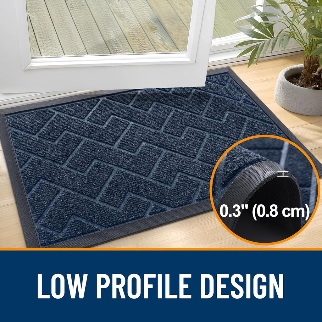 OLANLY Waterproof Front Door Mat - All-Season, Sturdy Natural Rubber, Easy Clean Herringbone Design (Blue, 47x32)