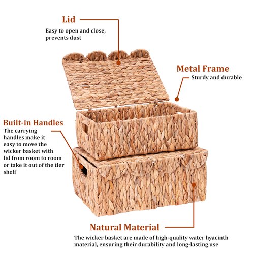 LUSYDECO Set of 2 Scalloped Edge Wicker Basket with Lids, Rectangle Wicker Storage Basket with Built-in Handles, Multipurpose Organizer Rattan Display Boxes for Shelf, Nursery Room