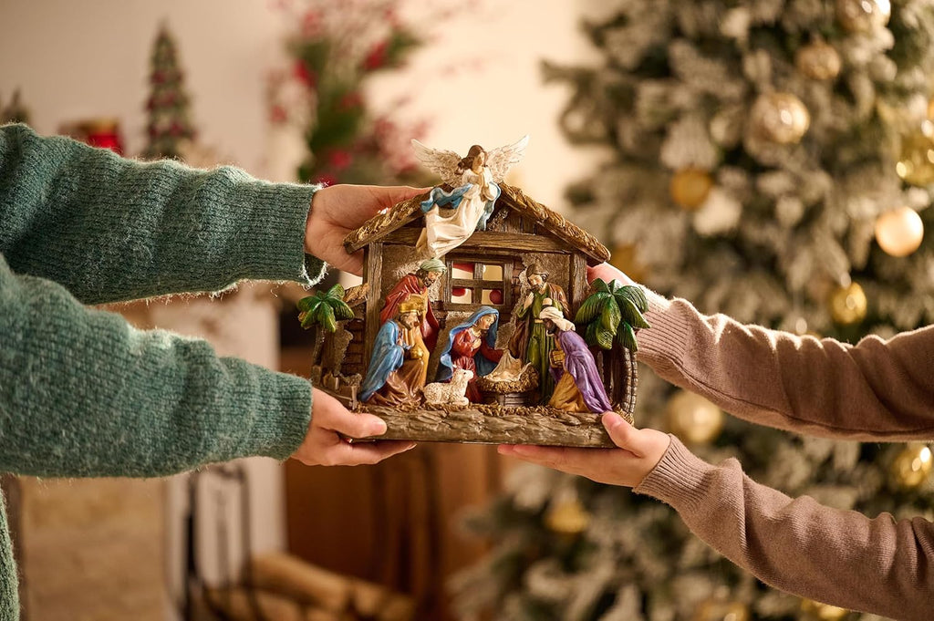 Valery Madelyn Christmas Nativity Figurines - LED Lights Holy Family Set | 10.6 Inch Resin Manger for Holiday Decor