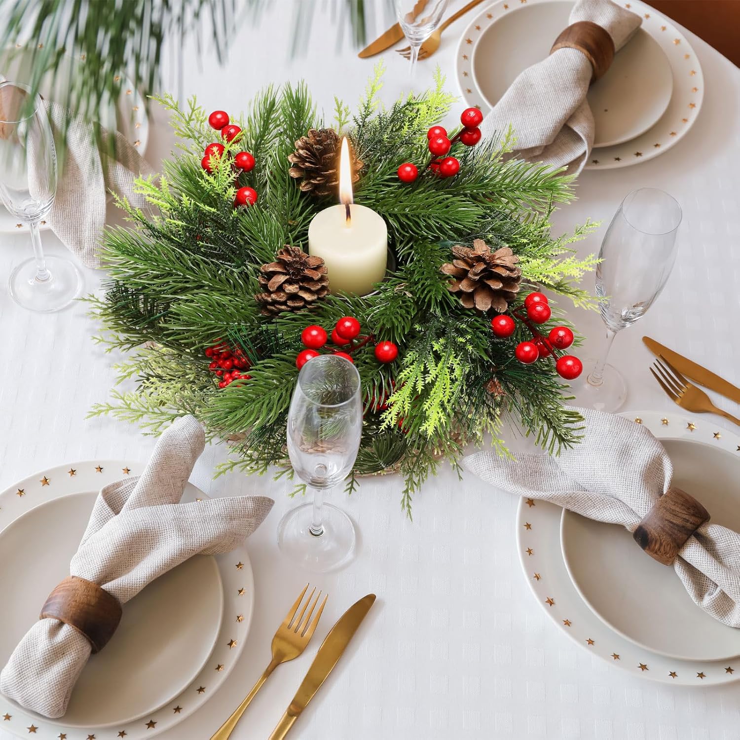 Mumufy Christmas Centerpiece Candle Holder - 12-Inch Mini Tabletop Decoration with Pine Cones & Red Berries