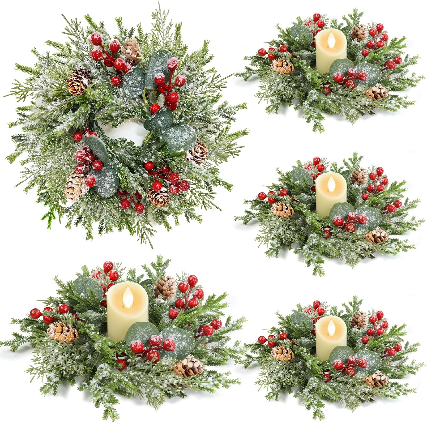 Regine Switzerland Mini Christmas Wreath Candle Rings - Flocked 10"x3.5" Snowy Pinecone & Red Berry Decor