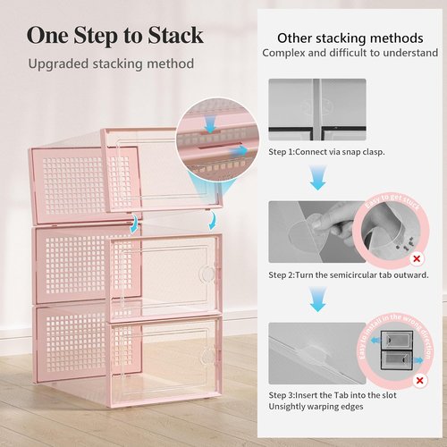 Kuject X-Large Shoe Storage Boxes - Clear Plastic Stackable 12 Pack for Sneakers & Toys | Pink