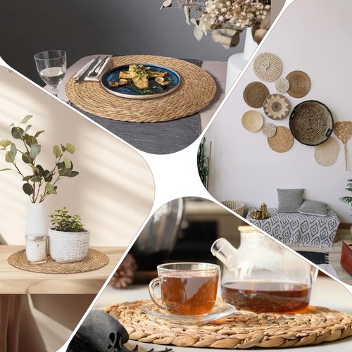 Hardcometrue Woven Placemats Set of 8, 13.8" Natural Water Hyacinth Round Rattan Placemats with Wooden Beads Napkin Rings for Kitchen Dining Table Decor