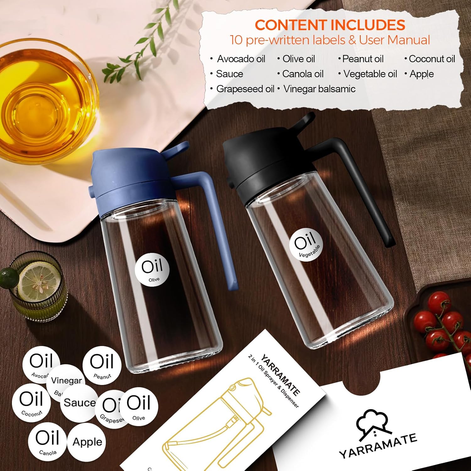 YARRAMATE 2Pcs Glass Olive Oil Sprayer - 16oz Premium Food Grade Dispenser for Cooking | Black & Navy
