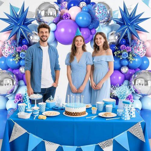 Blue Purple Silver Balloon Arch Garland Kit - Star Foil & 4D Round Balloons for Baby Shower & Birthday Party Decorations