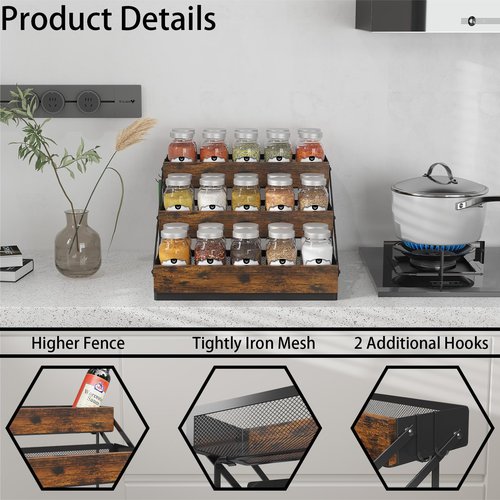 KOKSTOP 3 Tier Foldable Spice Rack Organizer for Countertop, Step Shelf with Spice Jars for Kitchen Cabinet Drawers Seasoning Rustic Wooden Spice Holder for Home, Cupboard or Door - 2PCS