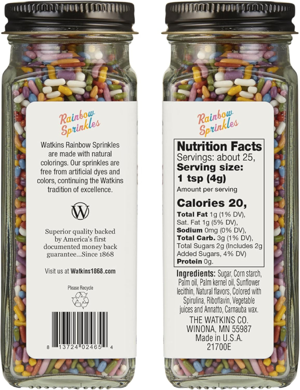 Watkins Rainbow Decorating Sprinkles - No Artificial Dyes, Kosher, 3.4 Ounce Jar | 1-Pack