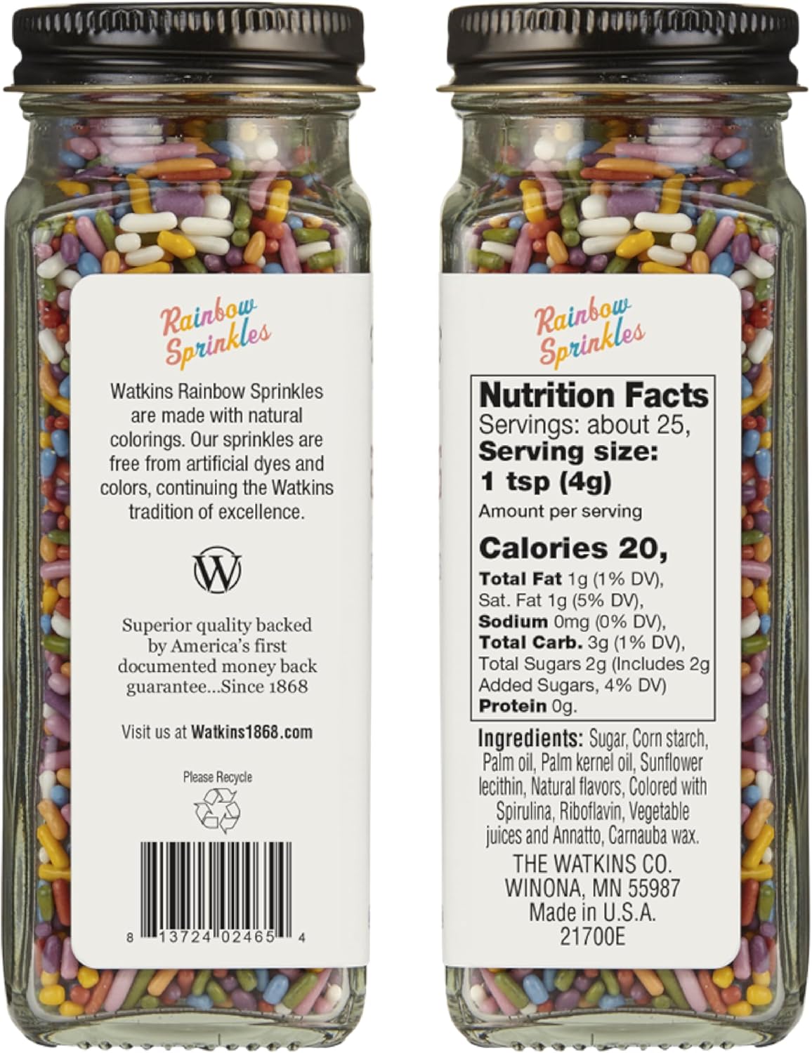Watkins Rainbow Decorating Sprinkles - No Artificial Dyes, Kosher, 3.4 Ounce Jar | 1-Pack