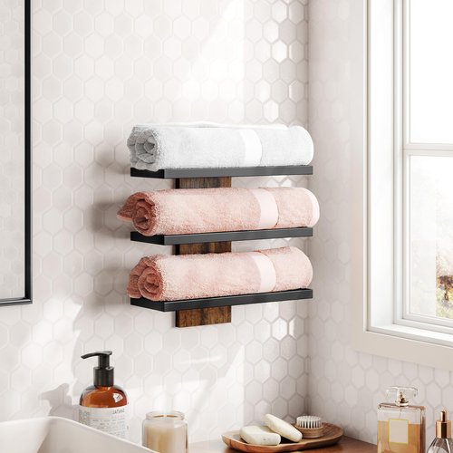 Hoctieon 3-Tier Wall Mount Wine Rack, Wall Mounted Wine Bottle Racks for Display and Storage, Hanging Bottle Holder, for Living Room, Dining Room, Bar, Wine Cellar, Rustic Brown
