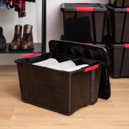IRIS USA 40 Qt Stackable Storage Bins with Lids - BPA-Free, Durable Organizing Solution | Black, 4 Pack