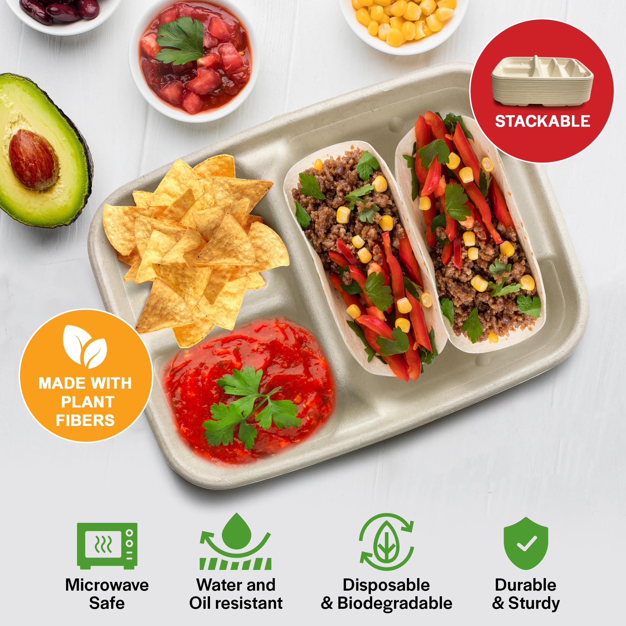 Disposable Taco Plates for 2 Tacos & 2 Sides – 25 PACK | Premium Paper Plates with Dividers, Fiesta Taco Holder, Taco Stand for Taco Tuesday & Taco Bar Serving Set Taco Plates (25 Plates) (Beige)