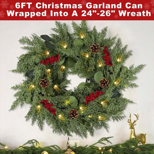 Extra Thick & Lush - Prelit Christmas Garland with 30 Lights Timer, 6Ft by 12 Inch Real Touch Cedar Garland with Berry Pinecone, Battery Operated Realistic Soft 130 Tips Xmas Garlands Indoor Outdoor