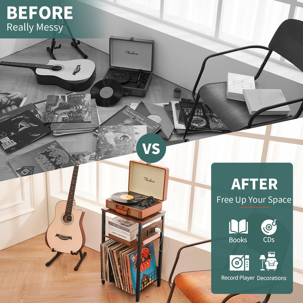 Yoobure Record Player Stand, 3-Tier White Side Table with Charging Station, Small End Table Record Holder with Vinyl Storage, Beside Tables Turntable Stand for Album CD, Night Stand for Living Room
