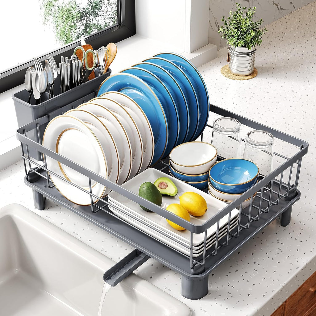 SNTD Dish Drying Rack - Stainless Steel Kitchen Counter Drainer with Utensil Holder | 11" W x 15" L (Grey)