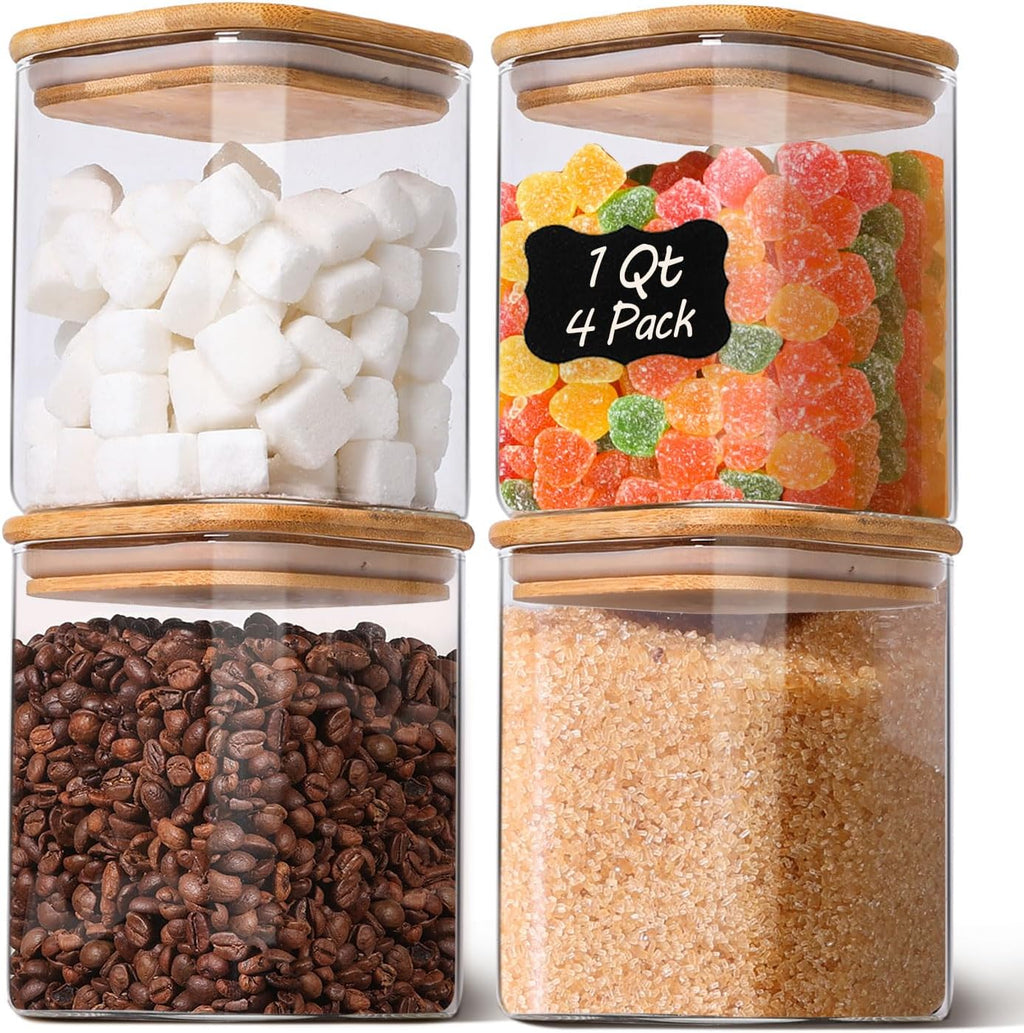 Skiennix 1Qt Airtight Glass Canisters - Bamboo Lid Square Storage for Coffee, Snacks & Dry Goods | 4-Pack