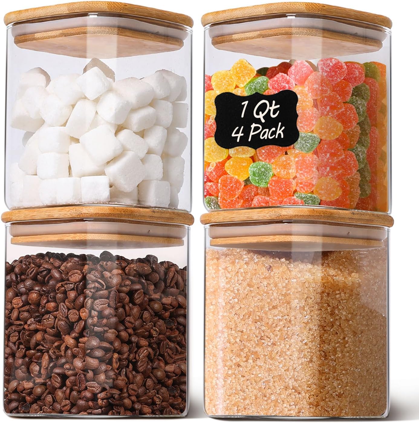 Skiennix 1Qt Airtight Glass Canisters - Bamboo Lid Square Storage for Coffee, Snacks & Dry Goods | 4-Pack