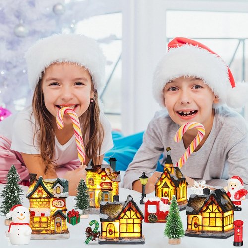 Liliful Christmas Village House Set - 46 Pcs LED Lighted Resin Figurines for Holiday Decor | Rustic Xmas Scene