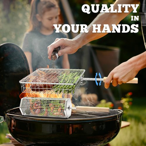 Ivtivfu Grill Basket Set - 304 Stainless Steel BBQ Tools with Removable Wooden Handle | Perfect for Vegetables & Fish